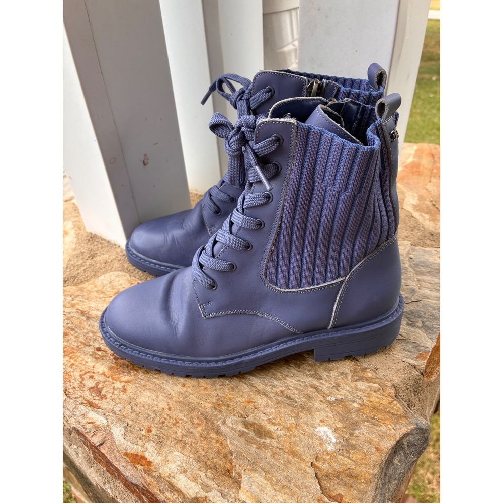 Sam Edelman Blue Leather Ribbed Knit Sock Combat Boots Size 4 Lug Sole Zip Up